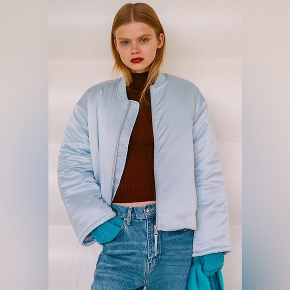 Urban Outfitters Dawn Satin Bomber Jacket NWT Size M - Light Blue